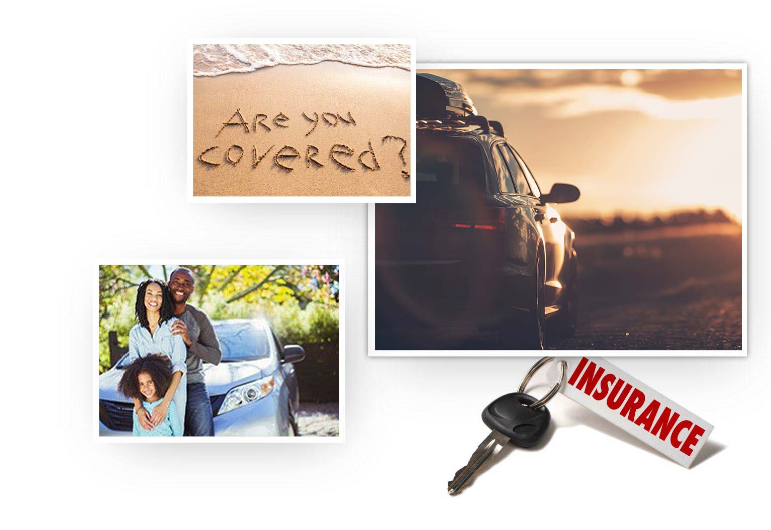 Collage of insured family, car, keys, and writing in the sand.