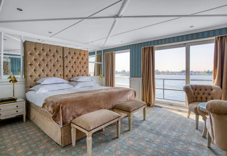 A bedroom on a river cruise.