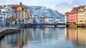 Swiss city of Lucern from the river in winter.
