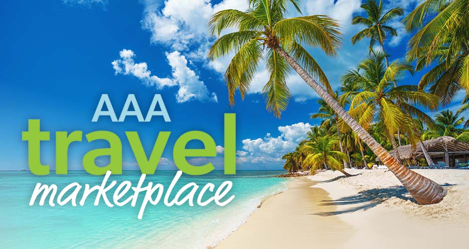 AAA Travel Marketplace. Chairs under umbrellas along the shoreline of a tropical beach. 