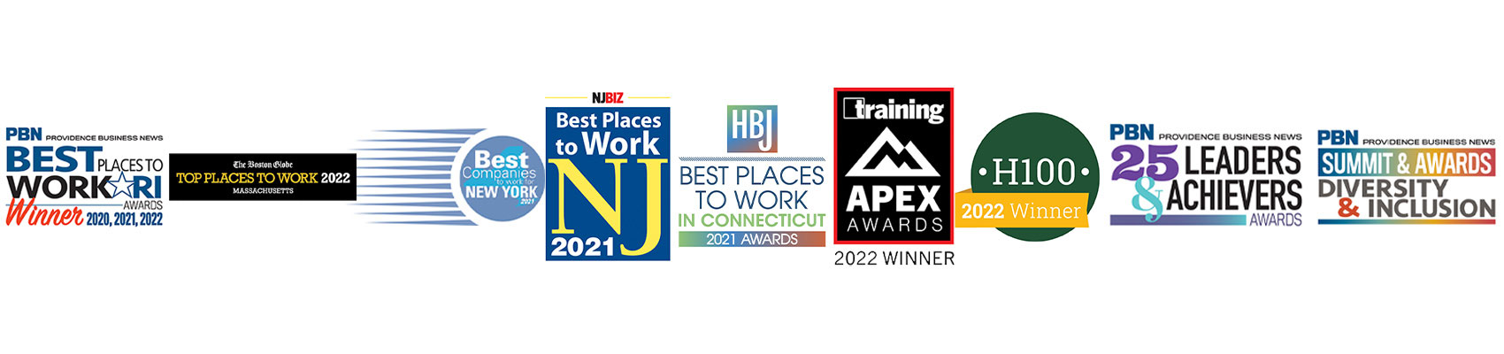Providence Business News Best Places to Work RI Awards - Winner (2020, 2021, 2022); Boston Globe Top Places to Work 2022; Best Companies New York 2021; NJBiz Best Places to Work 2021; HBJ Best Places to Work in Connecticut 2021; APEX Awards 2022 Winner; H100 2022 Winner; PBN 25 Leaders and Achievers Awards; PBN Diversity and Inclusion Awards
