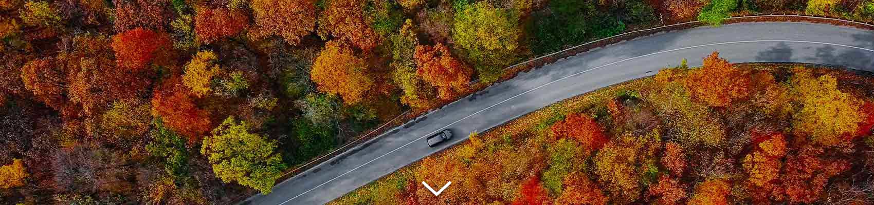 aerial view of a fall landscape and a car driving down the road title=