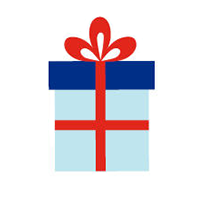 A blue gift box with red ribbon and a bow