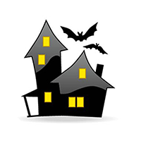 A cartoon haunted house with bats flying overhead.