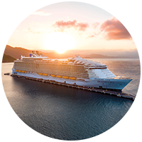 cruise docked at sunset